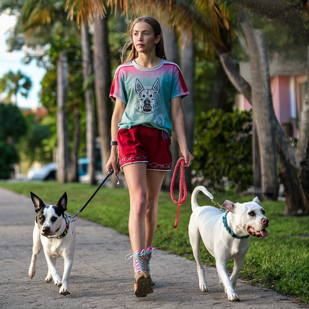 Ju Loves Pets - Dog Walking Service - Girl in colorful clothes walking two dogs