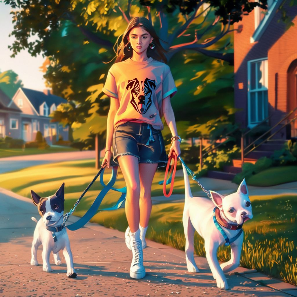 Ju Loves Pets - Stylized  - Girl walking two dogs on a leash